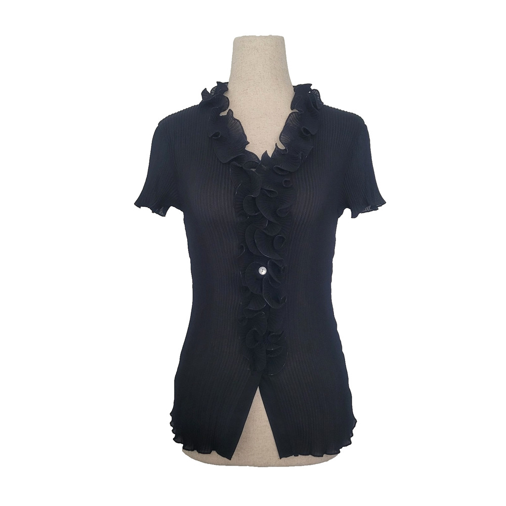 VTG Y2K Investments Ruffle Trim Pleated Sheer Button Up Top Size S Goth Witchy